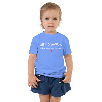 Heather Columbia blue tee: "Heather Columbia blue toddler short sleeve t-shirt with Eiger, Mönch, Jungfrau Swiss Alps print