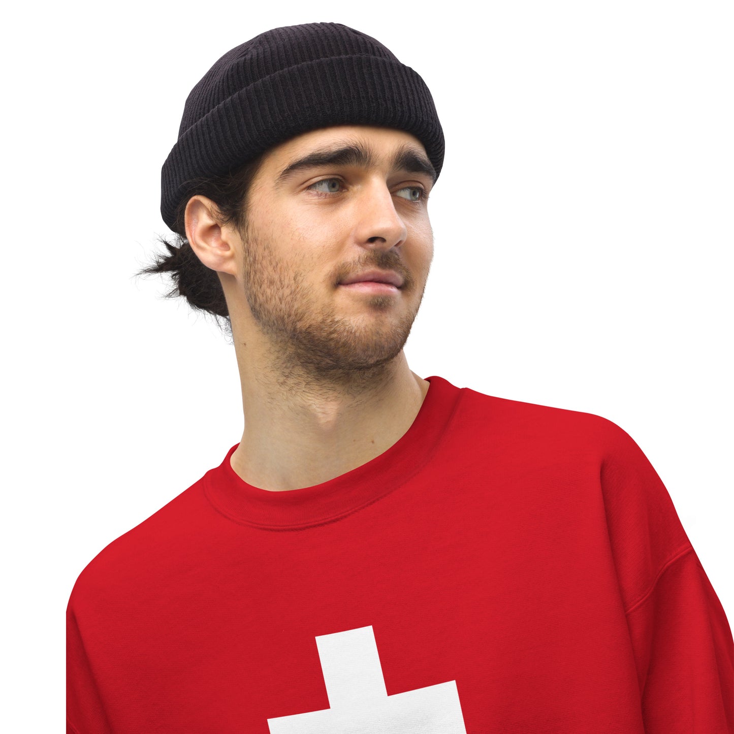 Swiss flag sweatshirt showing soft cotton-poly blend fabric detail
