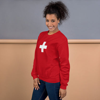 Swiss flag crewneck sweatshirt left side view - classic fit with ribbed cuffs
