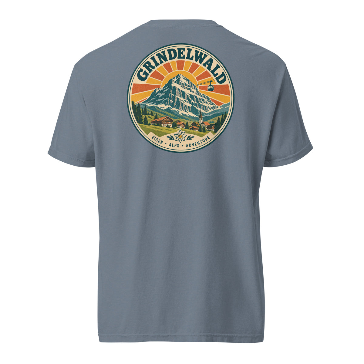 Grindelwald, Switzerland T-shirt, back view with a large vintage Eiger mountain, village, and cable car graphic Blue Jean 
