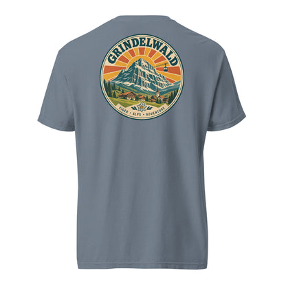 Grindelwald, Switzerland T-shirt, back view with a large vintage Eiger mountain, village, and cable car graphic Blue Jean 