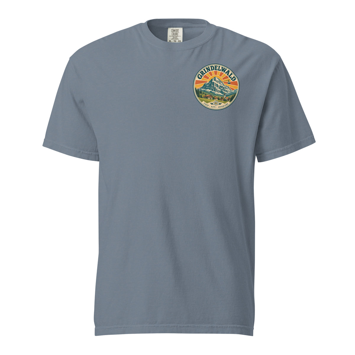 Blue Jean Grindelwald T-shirt, front view with a small vintage Alpine mountain emblem on the left chest and back