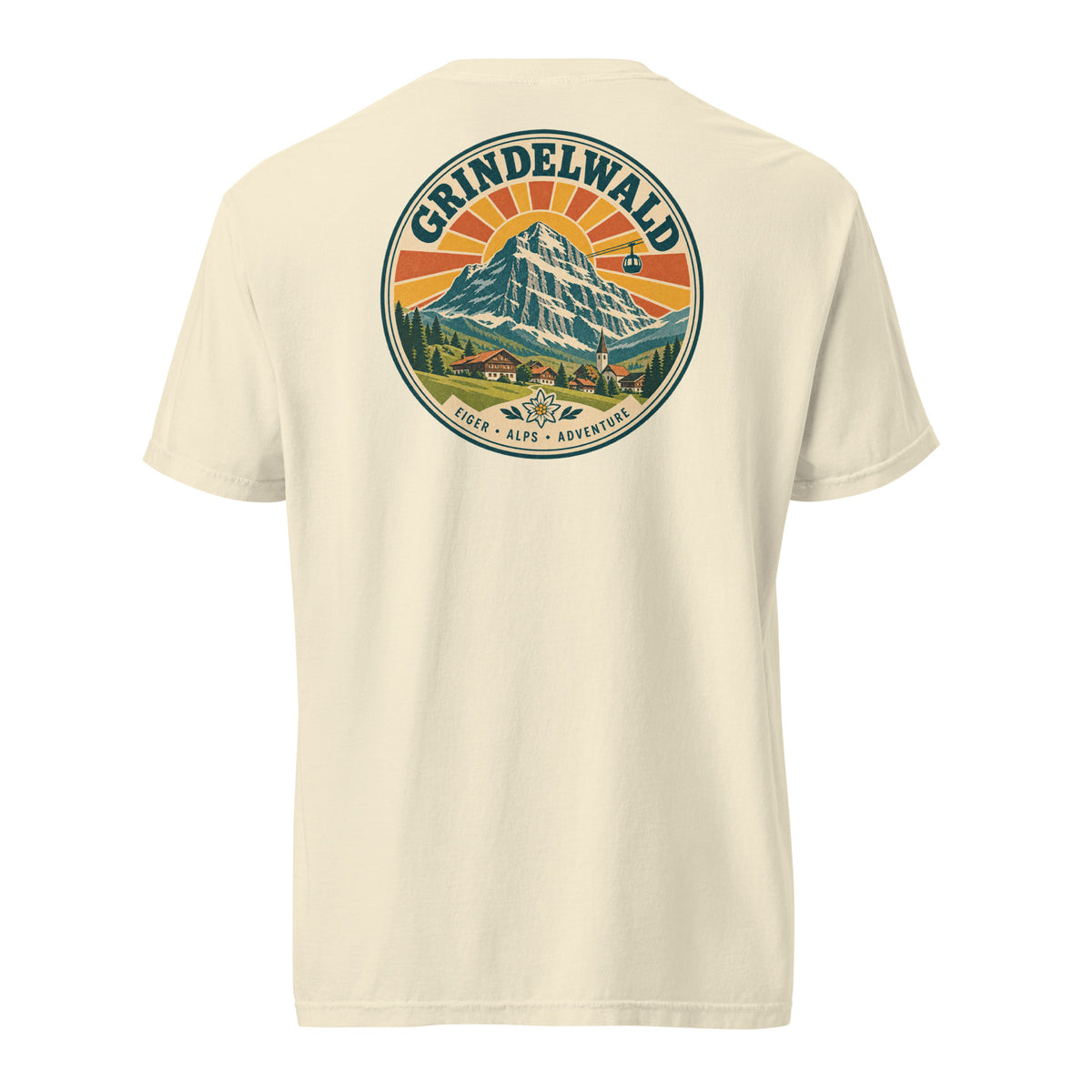 Grindelwald Switzerland T-shirt, back view with a large vintage Eiger mountain, village, and cable car graphic Ivory
