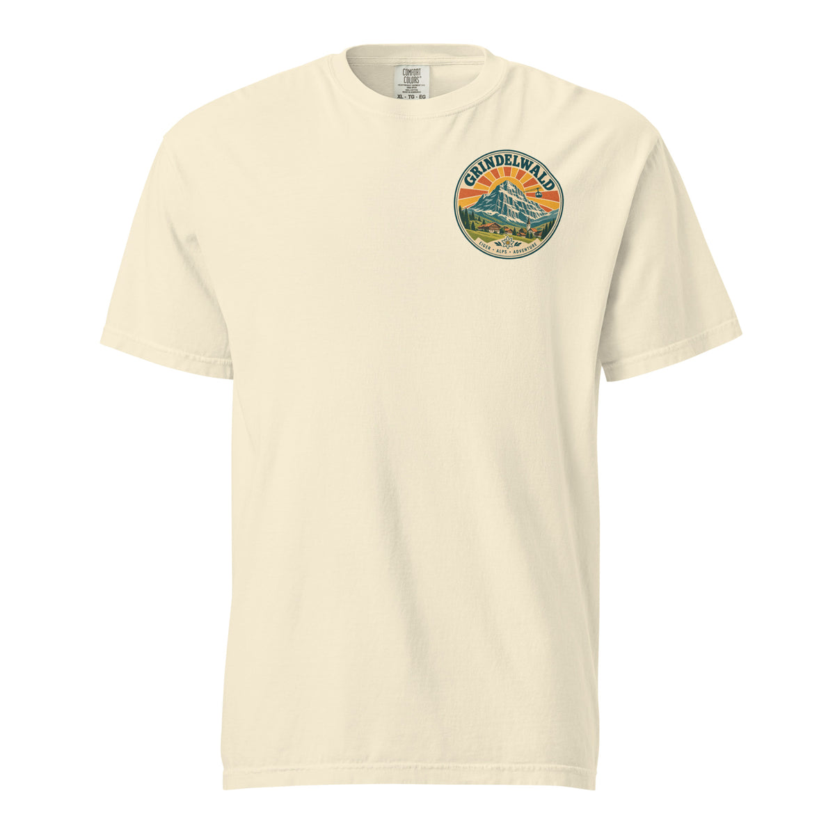 Ivory Grindelwald Switzerland T-shirt, front view with a small vintage Alpine mountain emblem on the left chest.