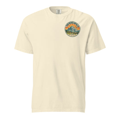 Ivory Grindelwald Switzerland T-shirt, front view with a small vintage Alpine mountain emblem on the left chest.