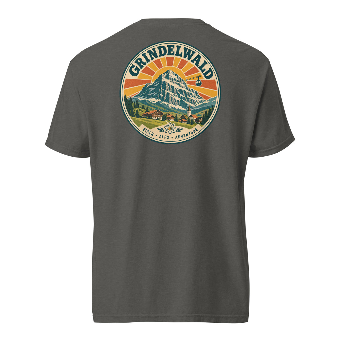 Grindelwald Switzerland T-shirt, back view with a large vintage Eiger mountain, village, and cable car graphic. Pepper gray 