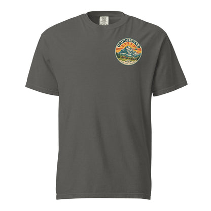 Pepper gray Grindelwald T-shirt, front view with a small vintage Alpine mountain emblem on the left chest and back
