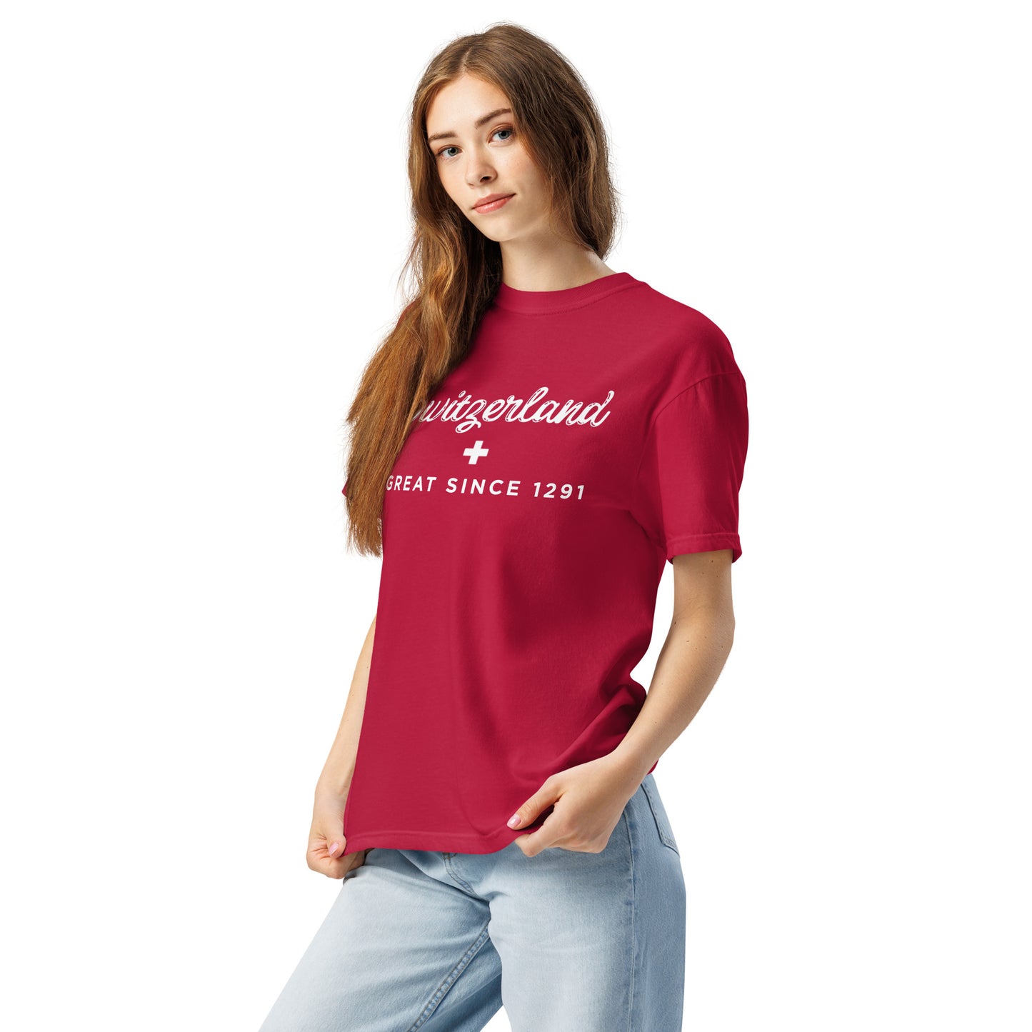 Close-up of Switzerland Great Since 1291 white script print and Swiss cross on red Comfort Colors heavyweight tee