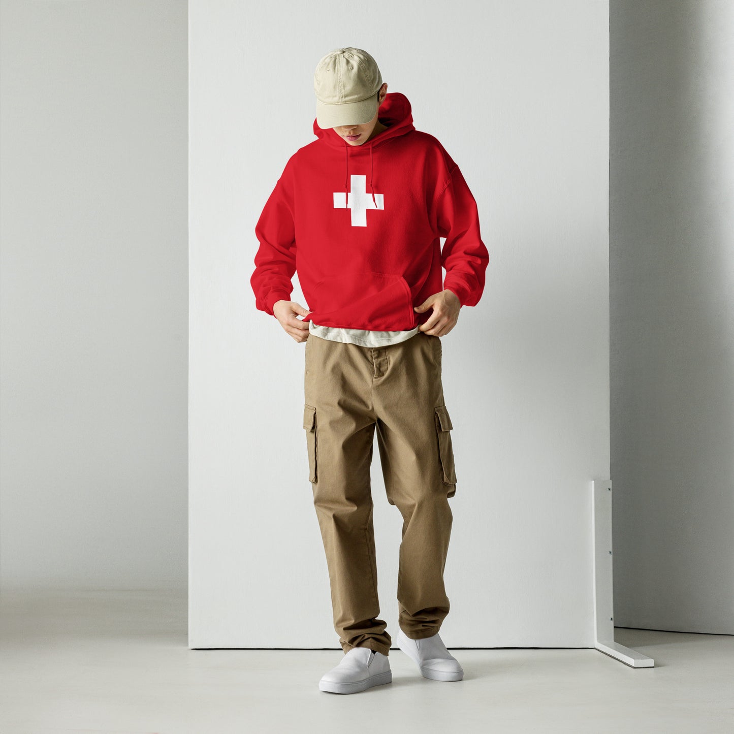 Swiss Flag Unisex Hoodie front view showing iconic white cross on red background