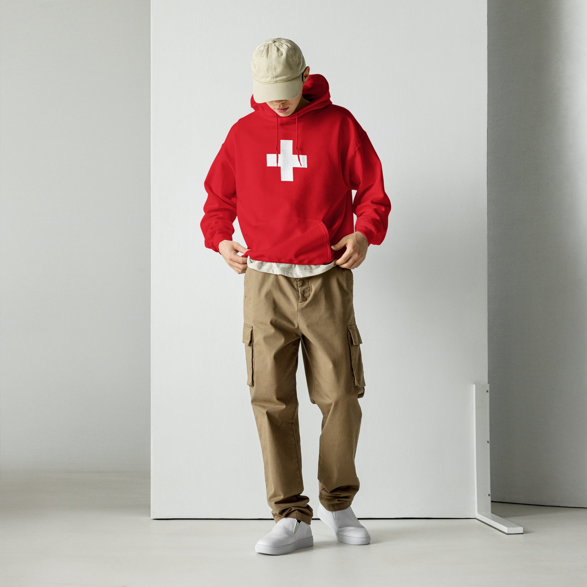 Swiss Flag Unisex Hoodie front view showing iconic white cross on red background