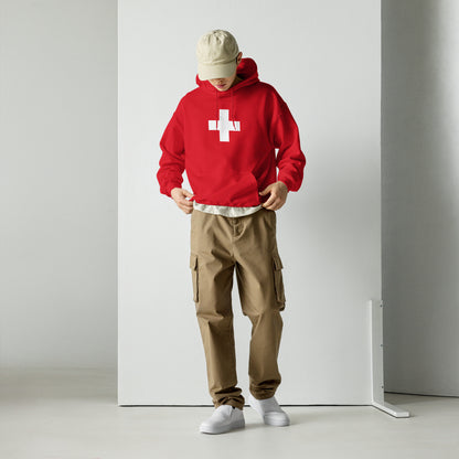 Swiss Flag Unisex Hoodie front view showing iconic white cross on red background