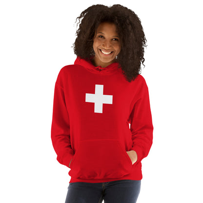 Red hoodie with a white cross design Switzerland flag inspired 