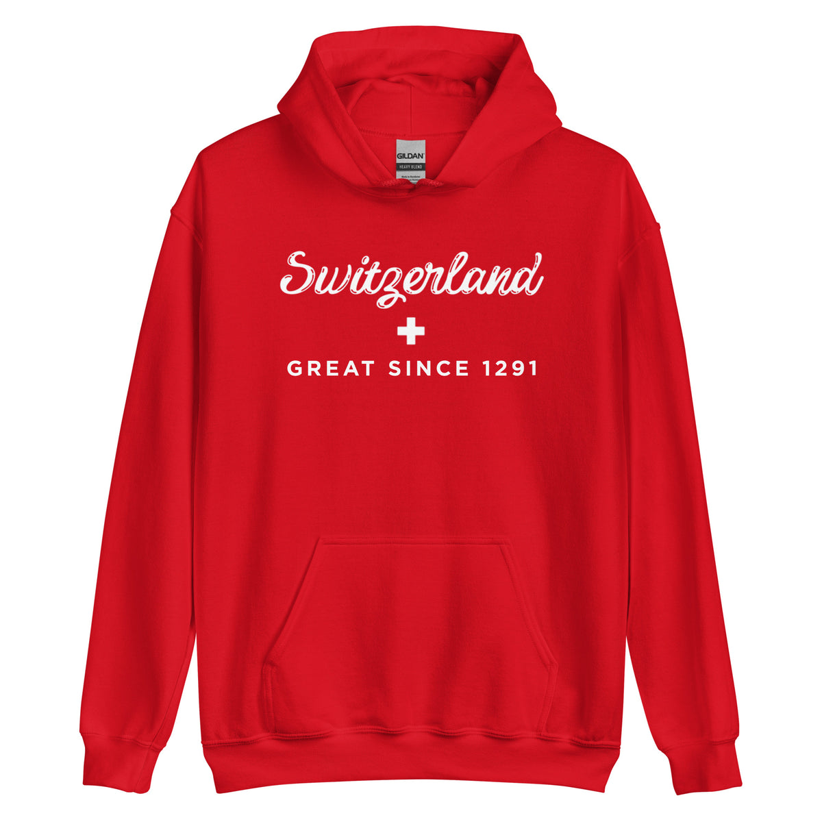 Red unisex hoodie with Swiss cross logo and "Switzerland – Great Since 1291" print, front view