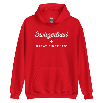 Red unisex hoodie with Swiss cross logo and "Switzerland – Great Since 1291" print, front view
