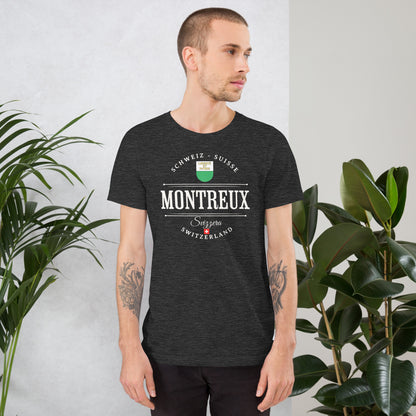  Casual look with gray Montreux Switzerland shirt, perfect for travel lovers.