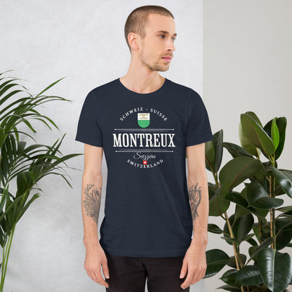  Casual look with navy Montreux Switzerland shirt, perfect for travel lovers.