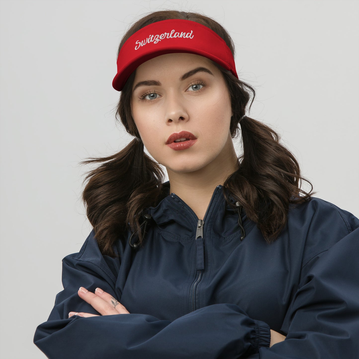 Girl wearing Switzerland Visor Cap — Swiss Alps souvenir hat, perfect travel gift