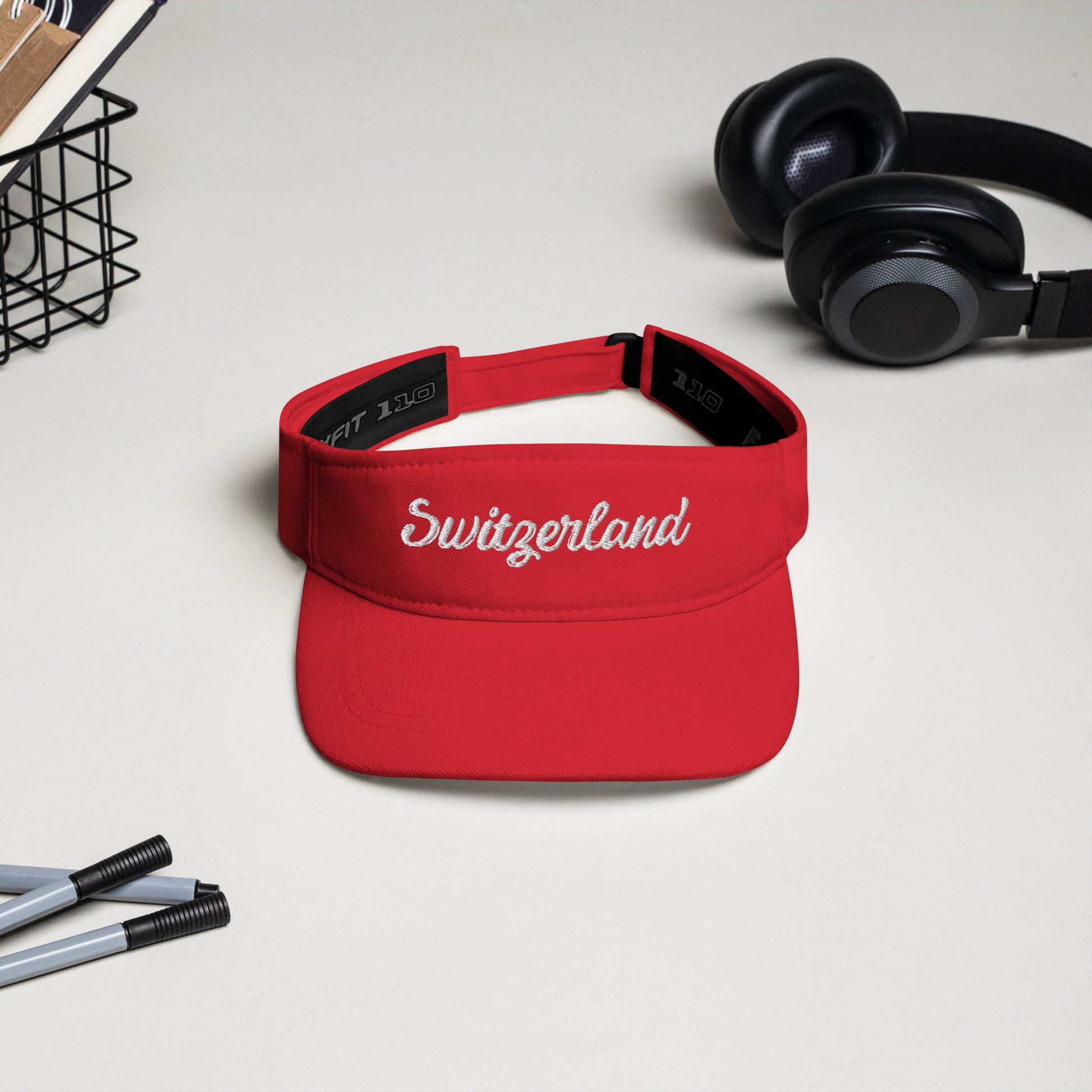 Switzerland Embroidered Visor Hat — front view, red color