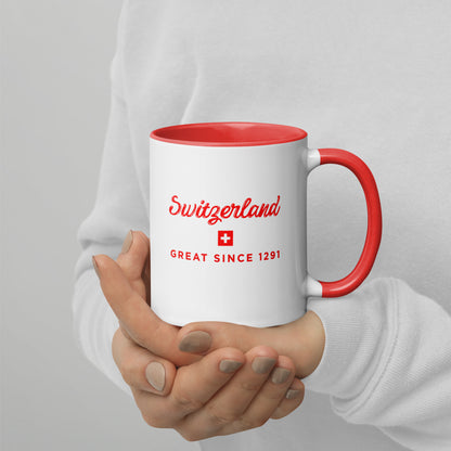 Switzerland Great Since 1291 ceramic mug with red handle and interior – Swiss souvenir gift
