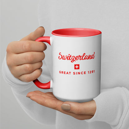 white 15 oz ceramic mug with red interior and handle, printed with Switzerland Great Since 1291 and Swiss flag – Swiss souvenir gift