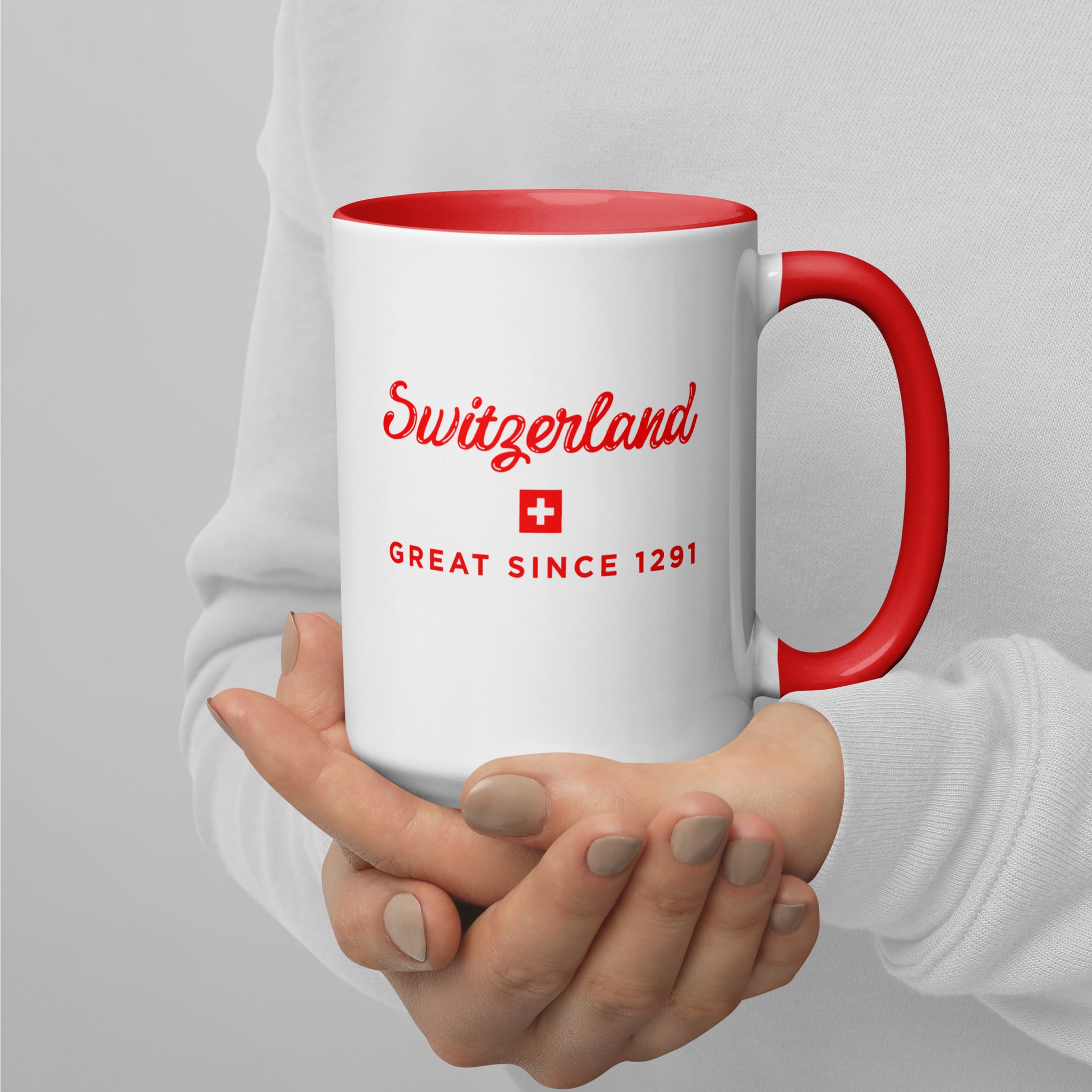 Switzerland Great Since 1291 ceramic mug with red handle and interior – Swiss pride coffee mug