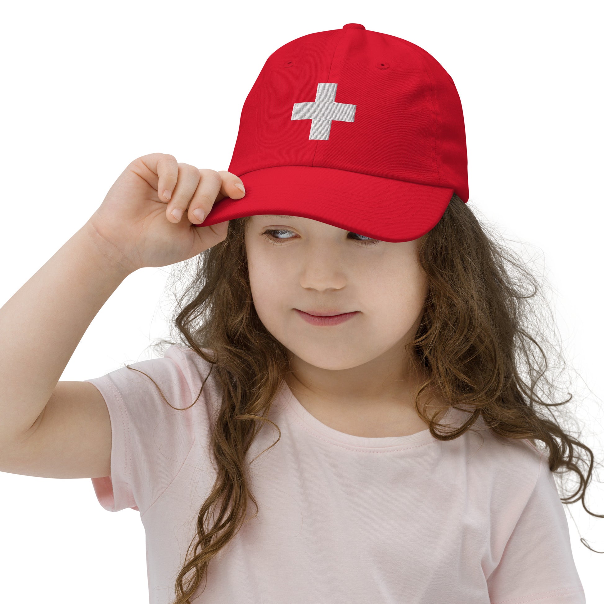 Swiss flag youth baseball cap in cotton twill, adjustable kids sports hat with embroidered Swiss cross