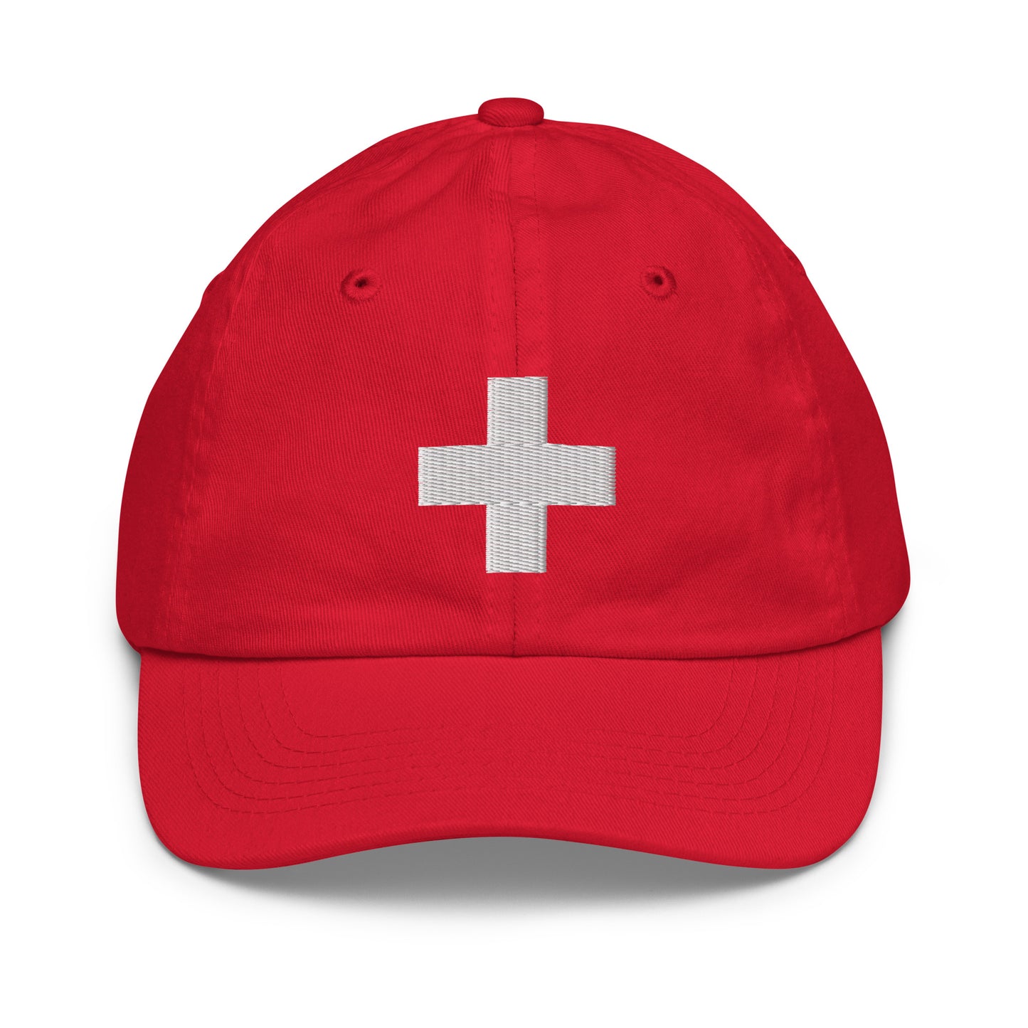 Adjustable youth baseball cap with Swiss cross embroidery, brass-toned buckle and hideaway strap closure