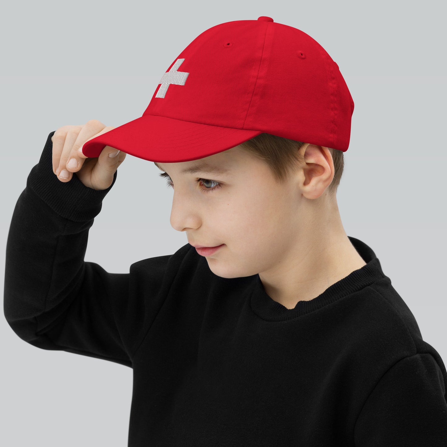Premium Swiss flag children's baseball cap, bio-washed cotton twill with pre-curved visor for sun protection
