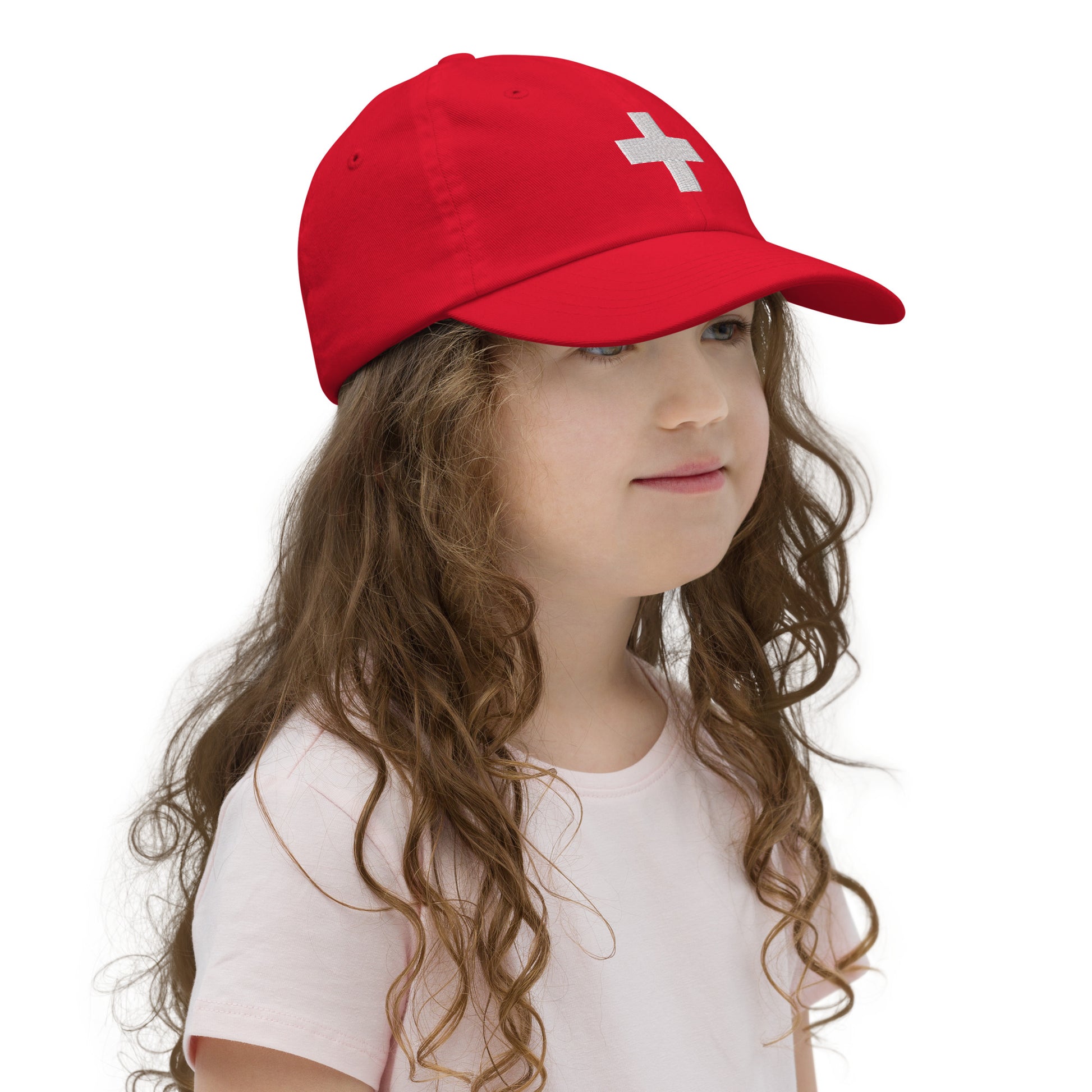 Travel-ready Swiss flag kids baseball cap, durable design ideal for young adventurers and sports fans
