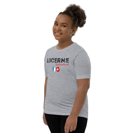 Kid wearing a Lucerne Switzerland T-Shirt with Swiss and Lucerne coat of arms design, gray Bella + Canvas shirt