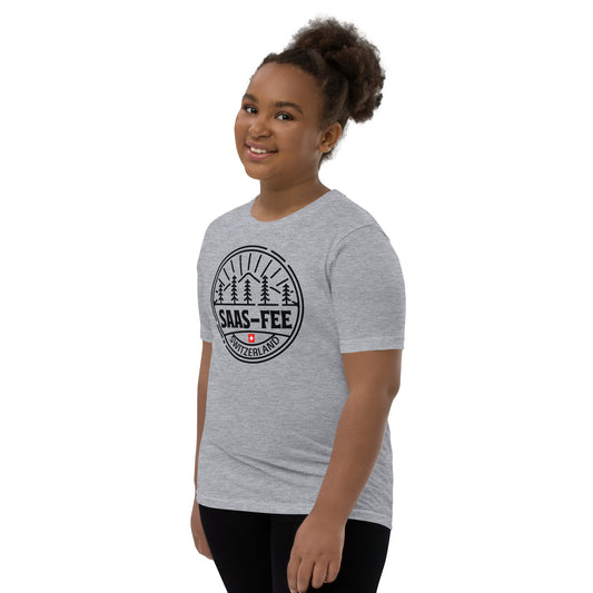 Kids Saas-Fee Switzerland t-shirt with pine tree and mountain badge