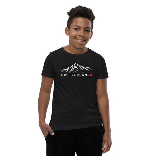 Kid wearing black Switzerland mountain t-shirt with Swiss cross