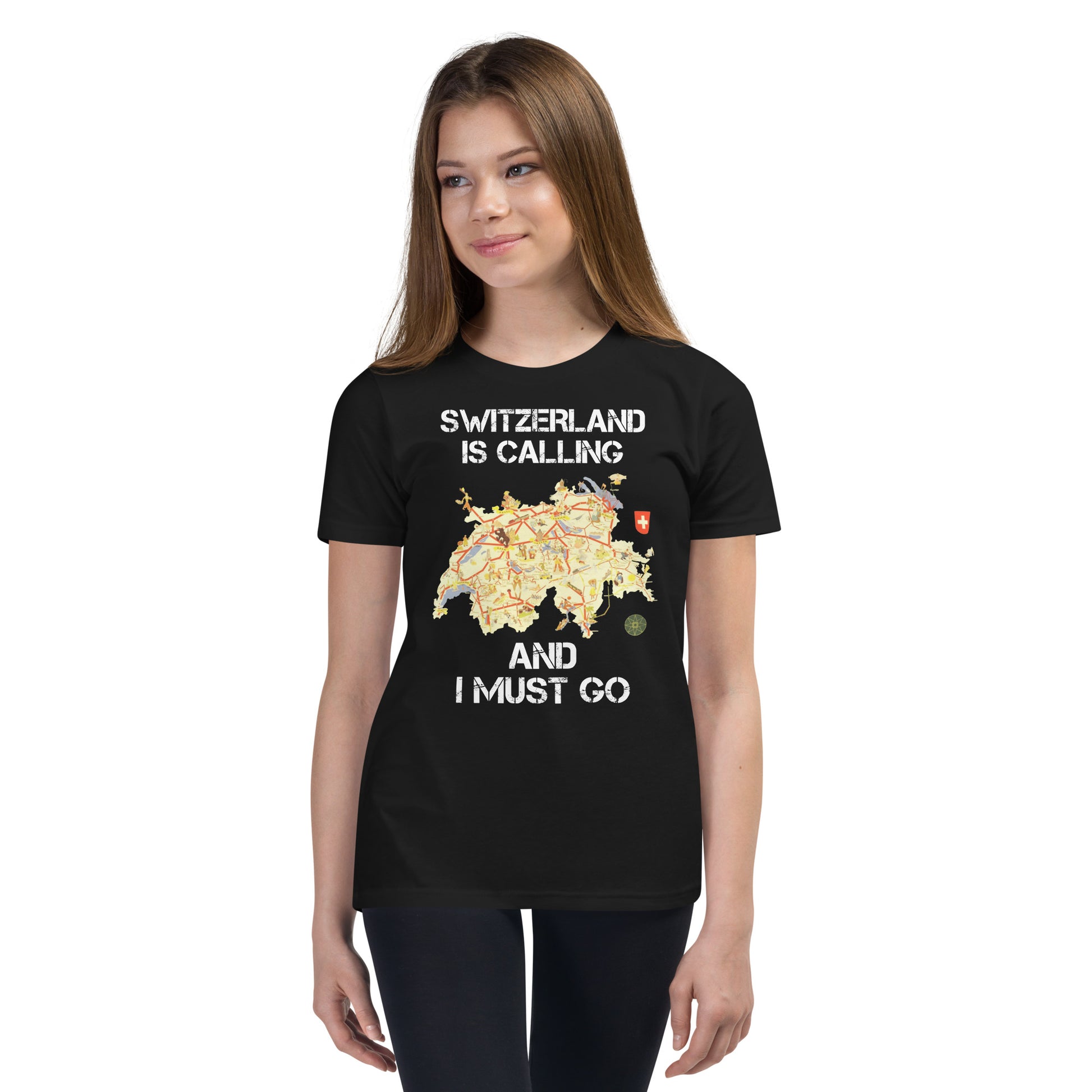 Wanderlust-inspired youth shirt with map and Swiss flag
