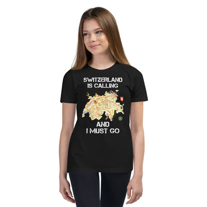 Wanderlust-inspired youth shirt with map and Swiss flag