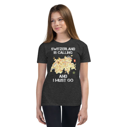 Youth Bella + Canvas tee reading “Switzerland Is Calling and I Must Go