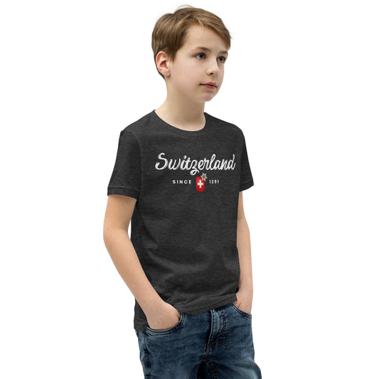 Youth model wearing dark gray heather Switzerland Since 1291 t-shirt with Swiss flag and edelweiss design