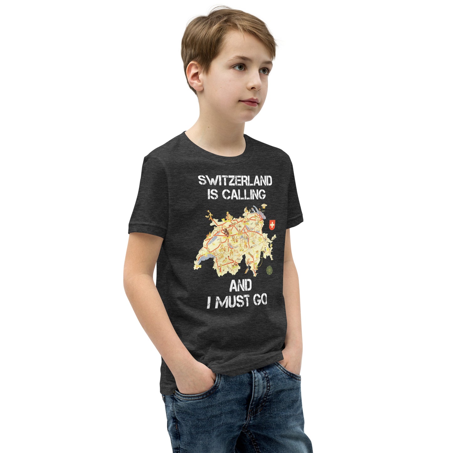Swiss travel-themed unisex tee for children with map design