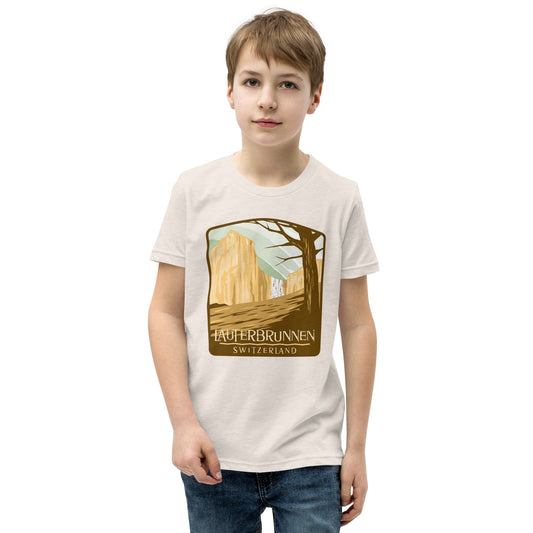 Child wearing Lauterbrunnen Switzerland t-shirt with scenic Alps illustration