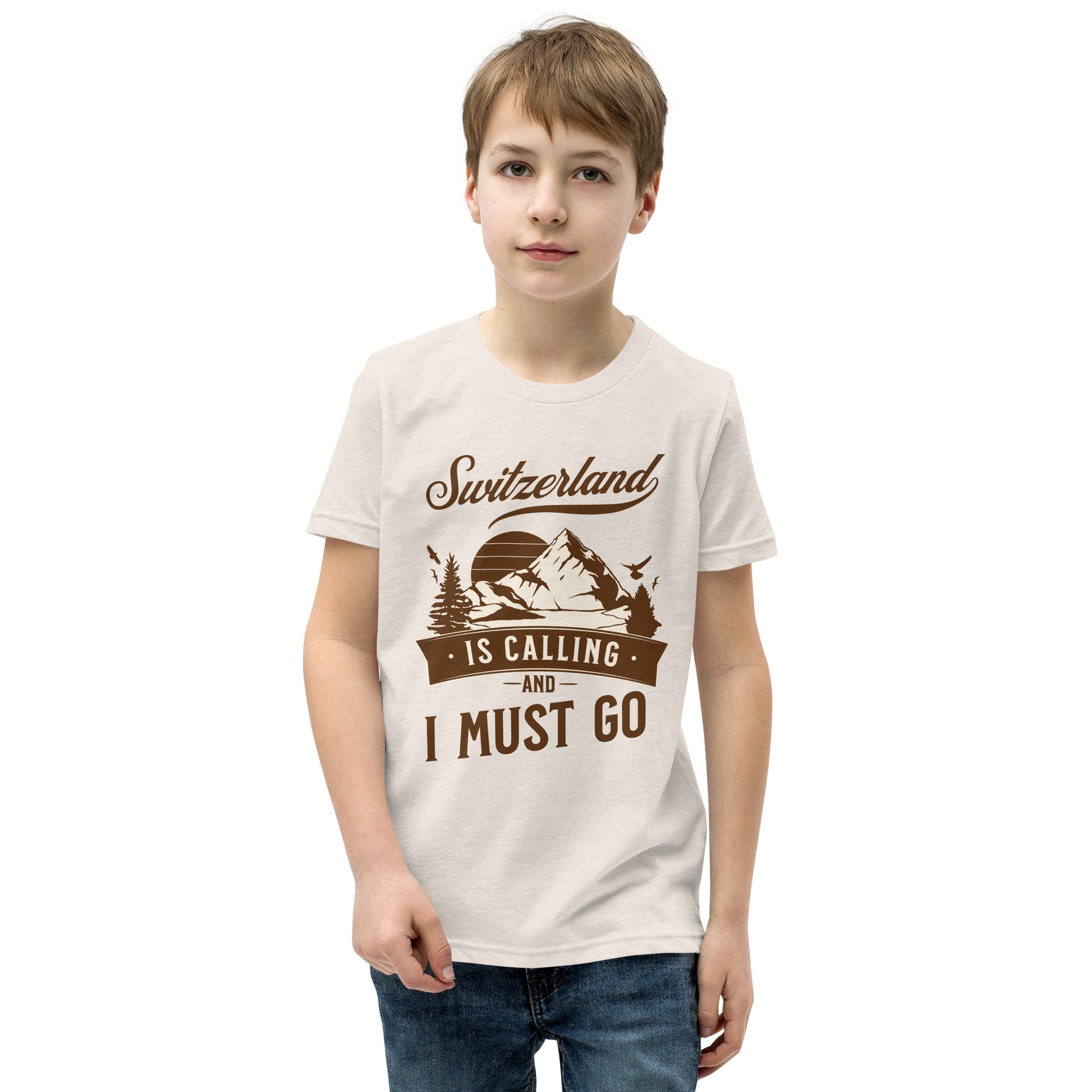 Heather dust “Switzerland Is Calling” t-shirt for kids front view