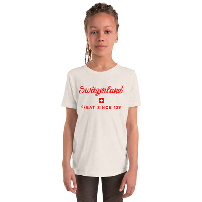 Bella+Canvas youth tee with Swiss heritage graphic – kids. Switzerland Great Since 1291. Heather Dust