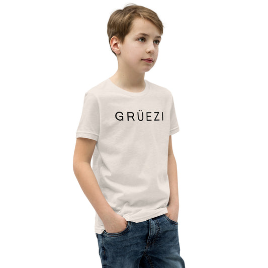 Kids unisex t-shirt with Swiss German "Grüezi" text in minimalist black font