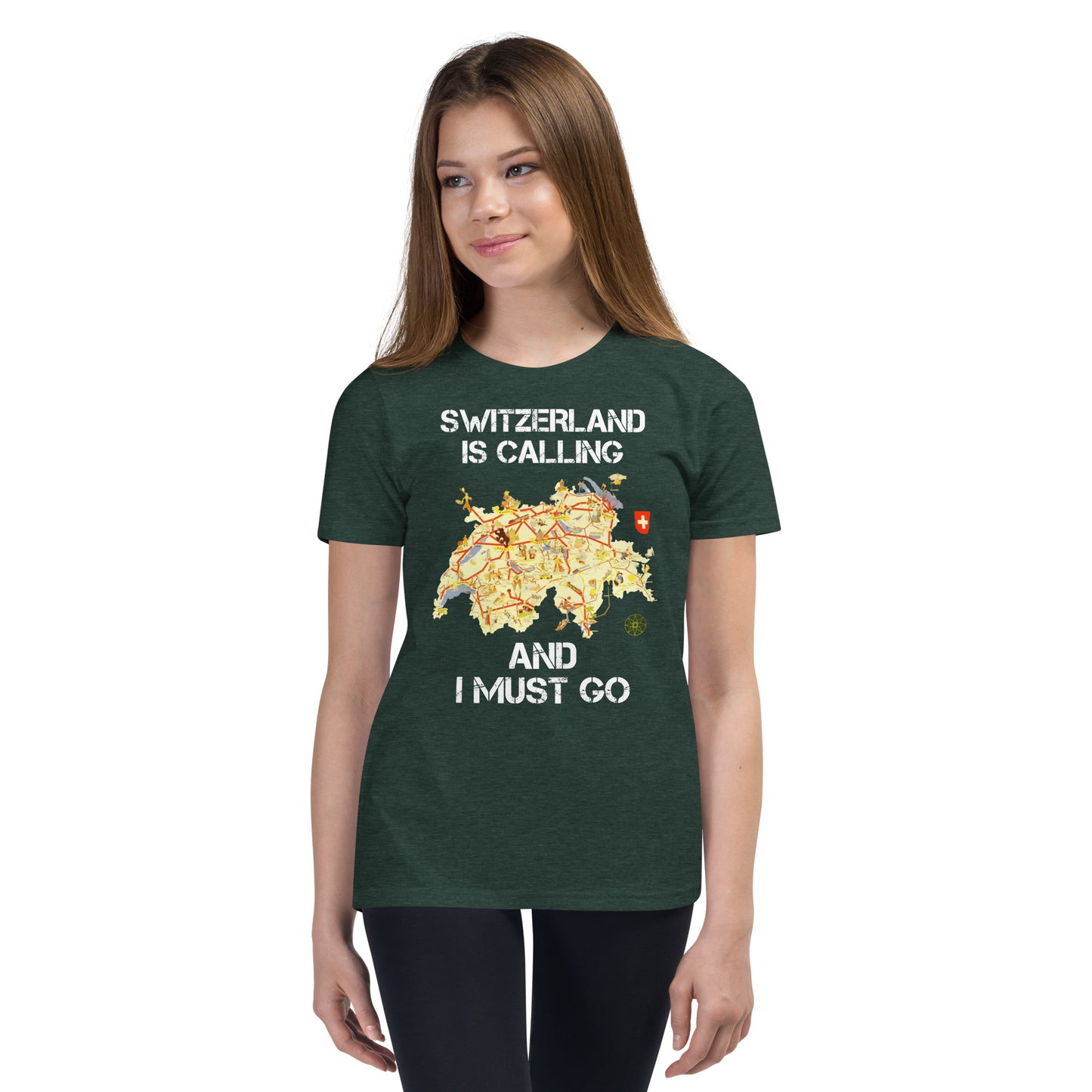 Dark green kids shirt with Switzerland adventure print