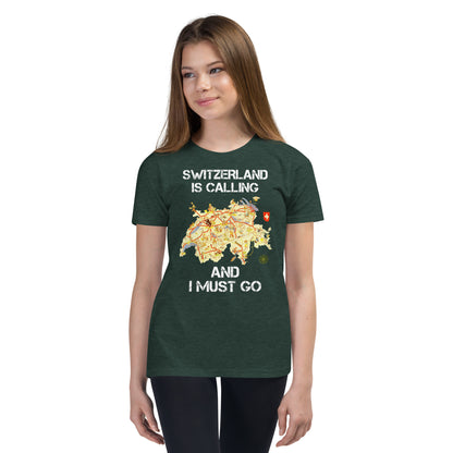 Dark green kids shirt with Switzerland adventure print