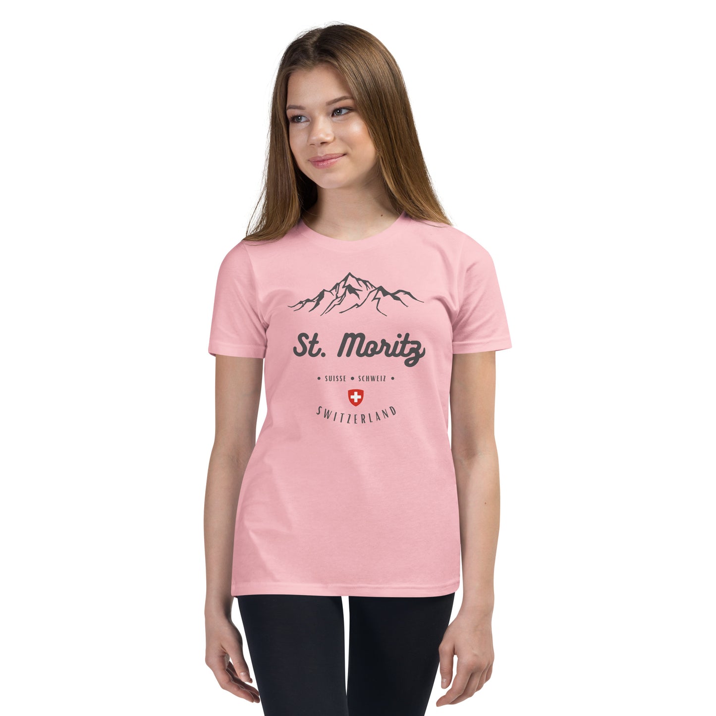 Child wearing mountain design Switzerland t-shirt
