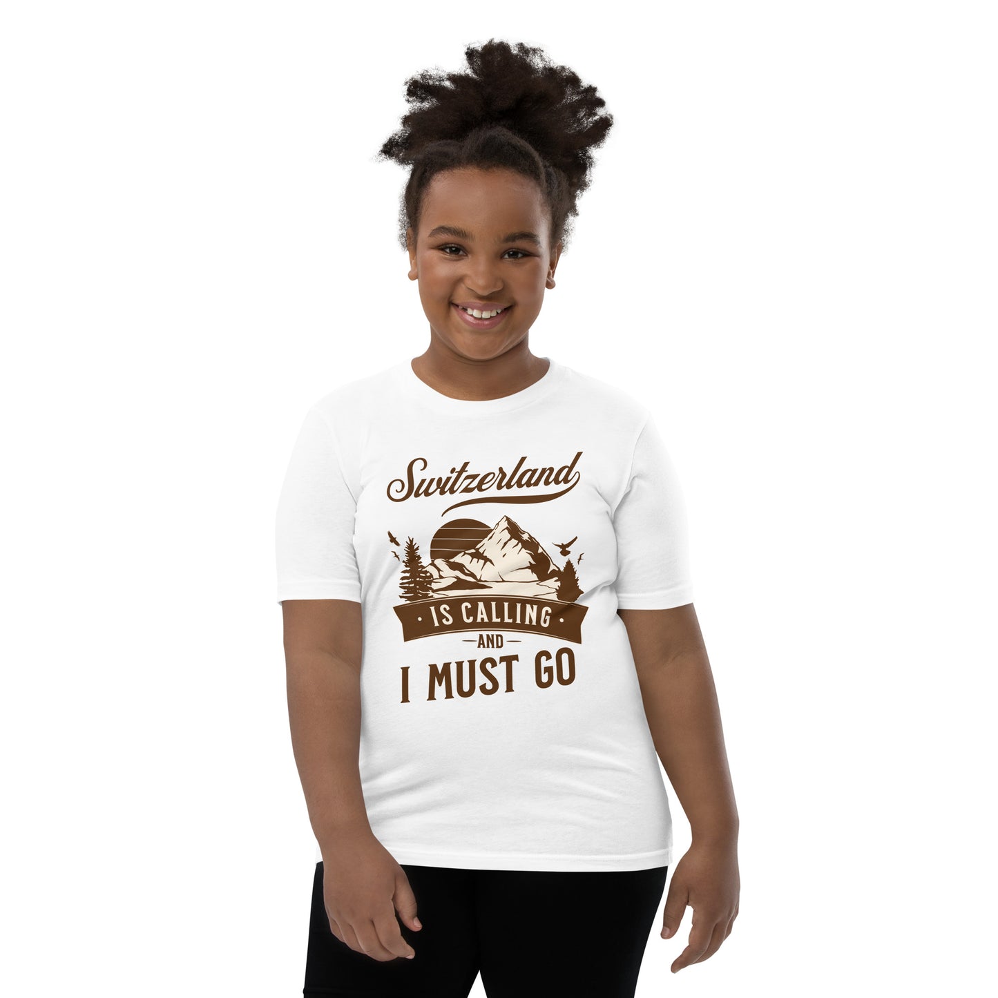 Child wearing “Switzerland Is Calling” kids t-shirt in white