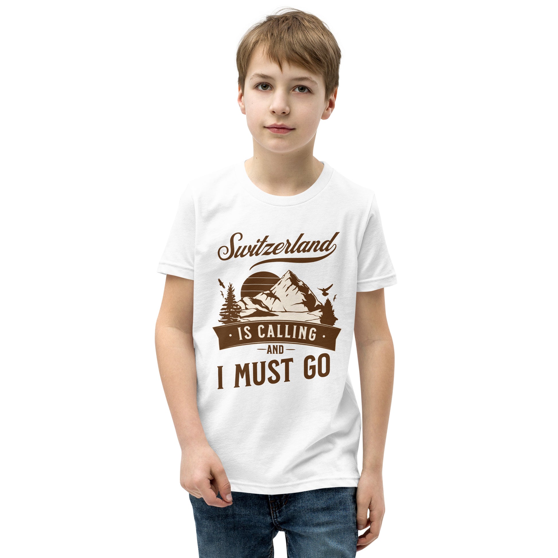 Switzerland-themed kids shirt – close-up on alpine graphic