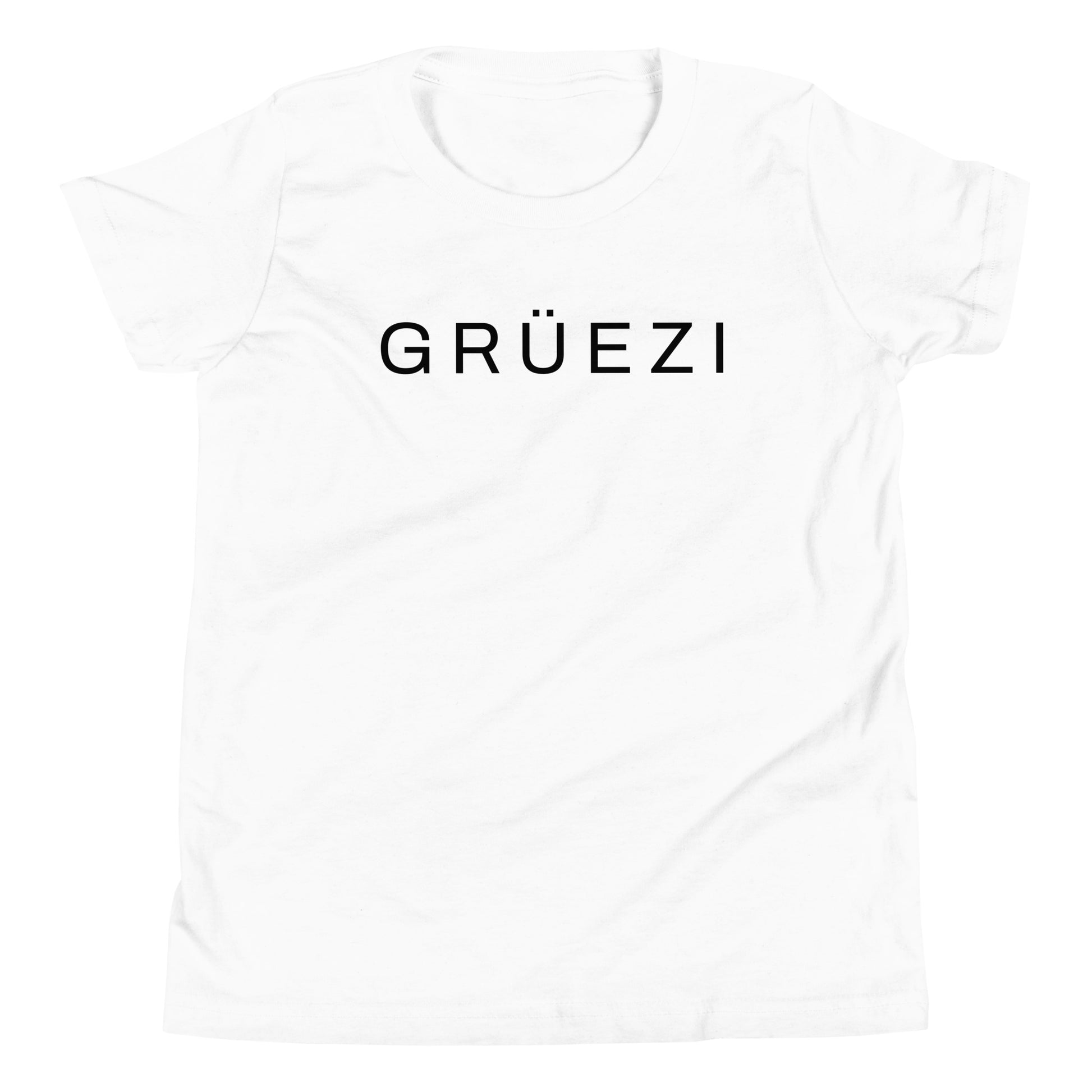 gray kids minimalistic shirt with clean “Grüezi” print across chest