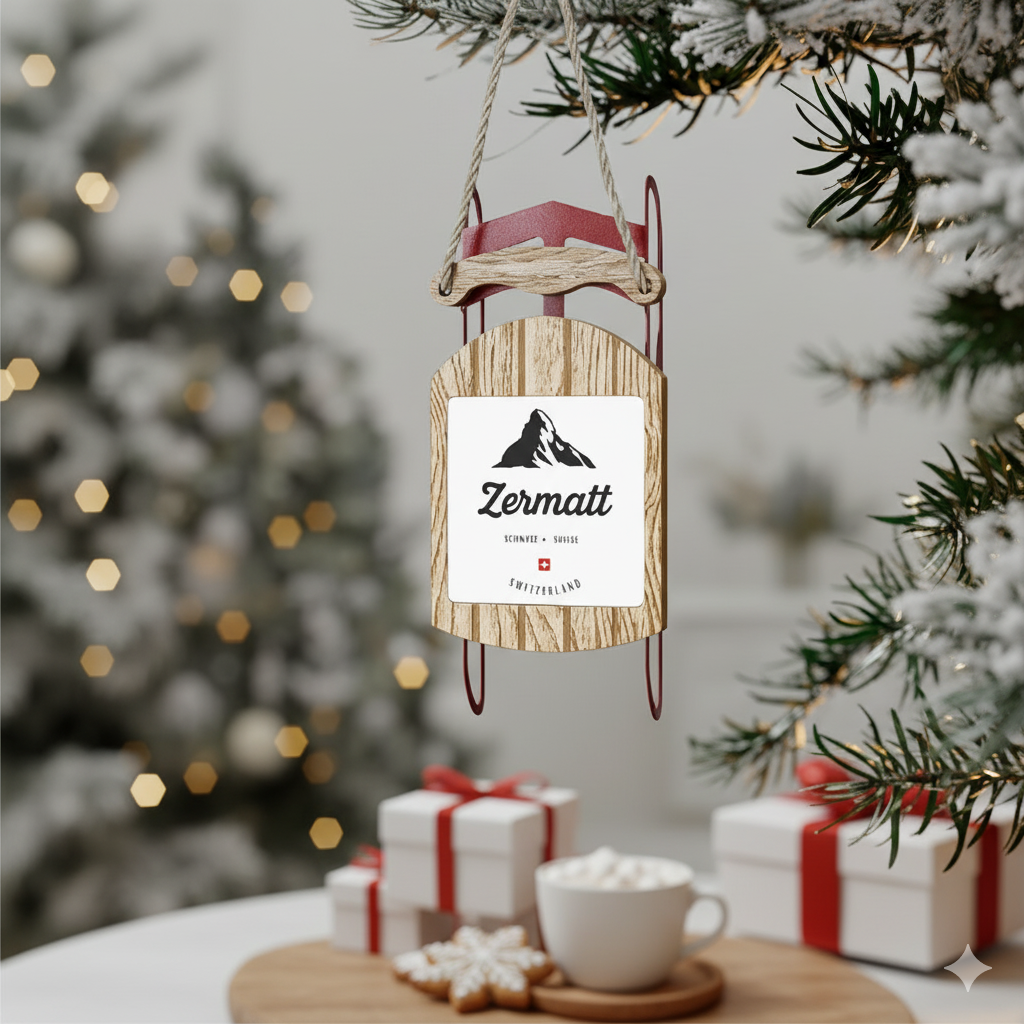 Zermatt Switzerland sled ornament with Matterhorn design for Christmas tree décor